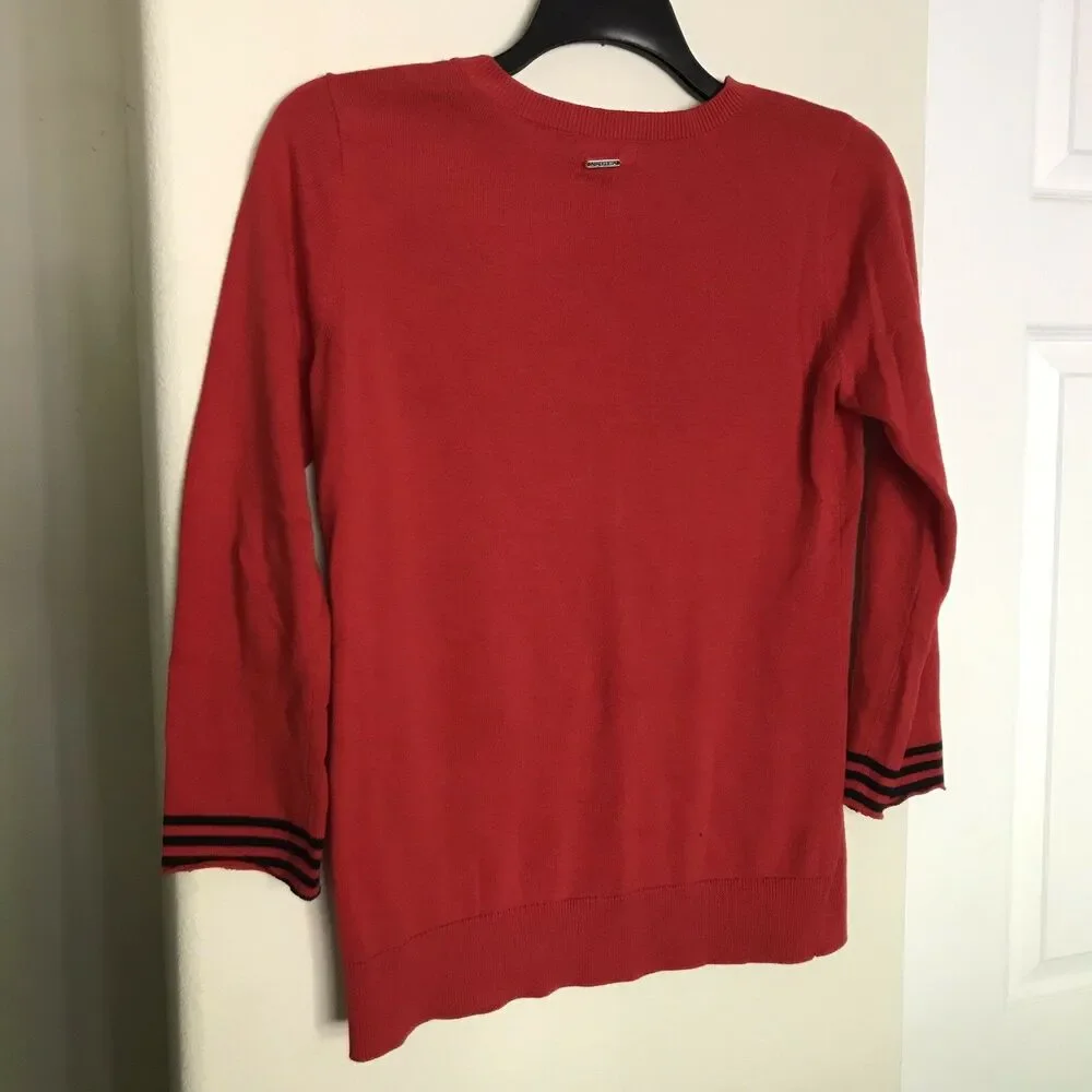 Nautica Red Sweater With Blue Stripes On Cuffs - Size Small - Shoulder Buttons